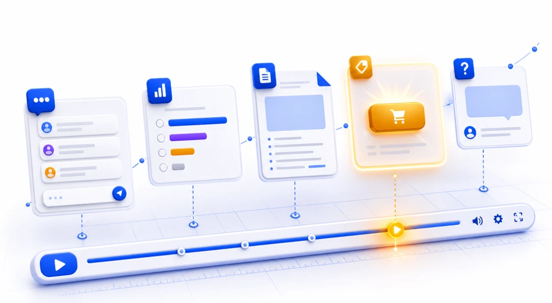 Timeline of timed chat, polls, handouts and offer actions during a webinar
