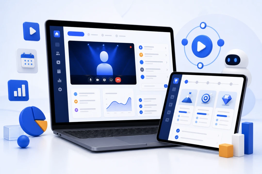 FullHouse automated webinar dashboard running on laptop and tablet