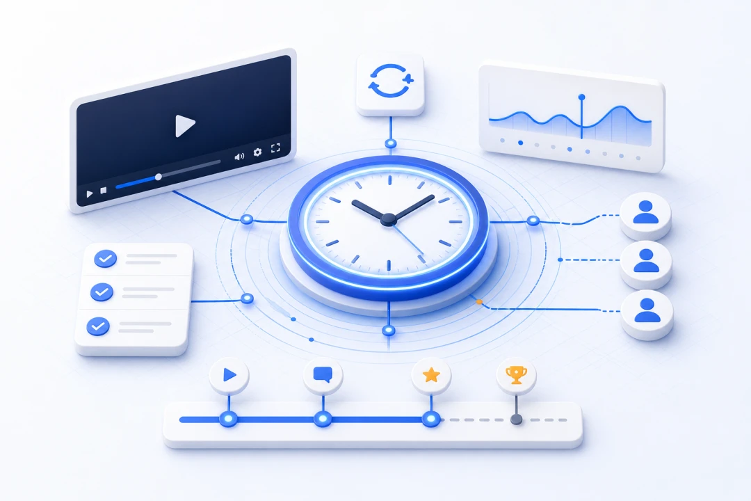 Server-synced webinar session clock connected to video, analytics and attendees