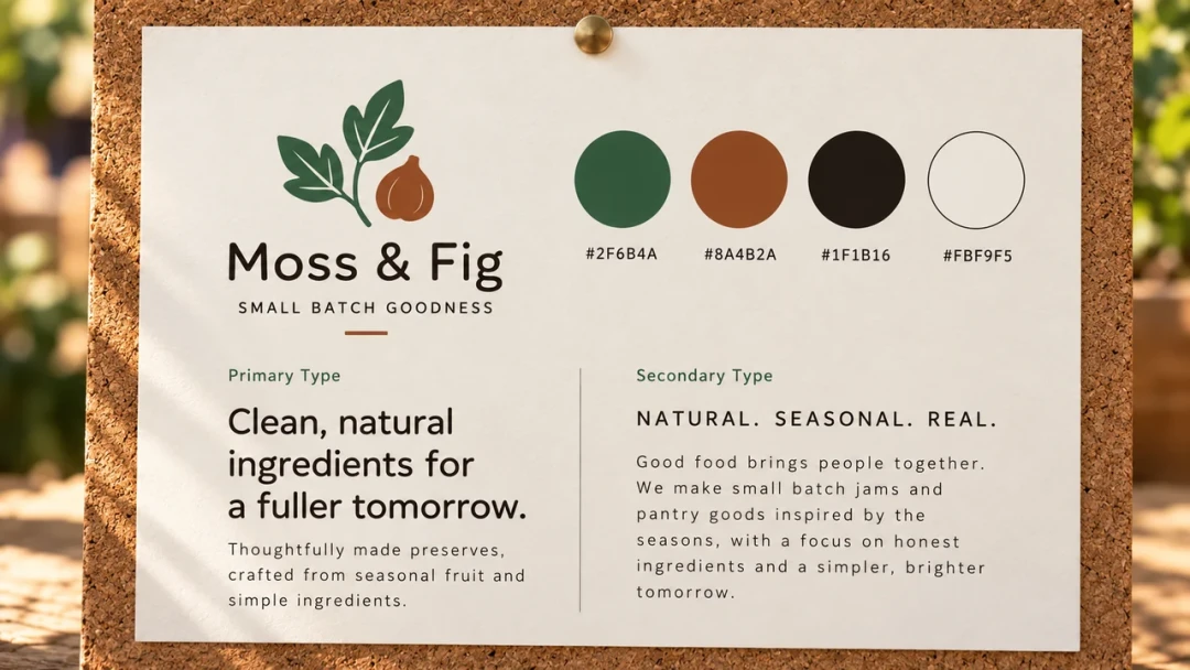 A finished brand board pinned to a cork board: a logo mark, four colour swatches labelled with their hex codes, and two type samples with a short description of the business.