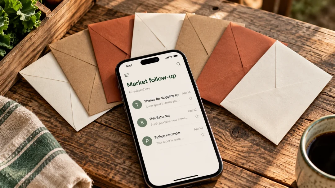 A phone on a wooden table showing an email list named Market follow-up with sixty-seven subscribers and three recent sends, with a fan of paper envelopes laid out behind it.