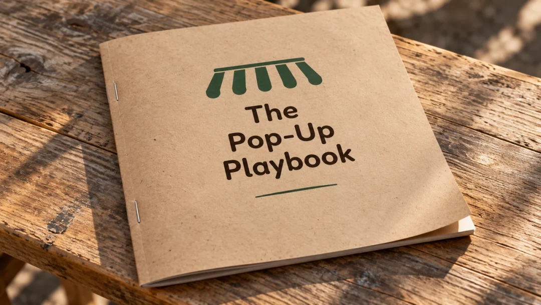 A kraft-paper booklet titled The Pop-Up Playbook, with a green market-stall awning printed above the title, resting on a weathered wooden table in dappled daylight.