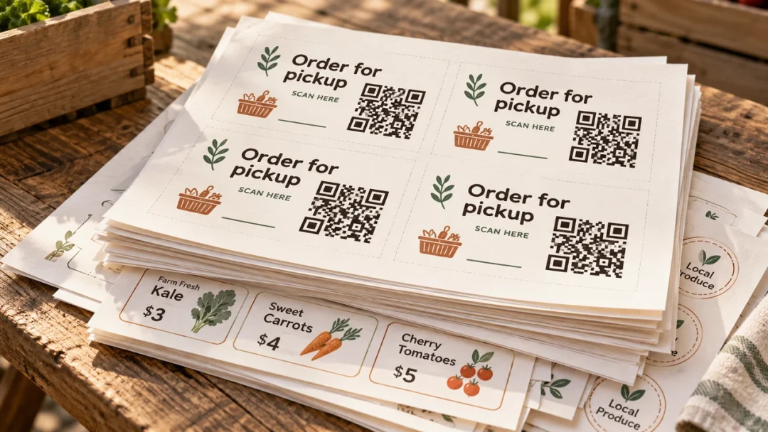 A stack of freshly printed sheets on a wooden table: order-for-pickup cards four to a page each with a QR code, and a sheet of product price labels underneath.