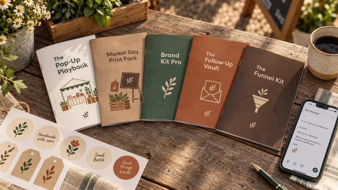 Five booklets fanned out on a wooden table: The Pop-Up Playbook, Market Day Print Pack, Brand Kit Pro, The Follow-Up Vault and The Funnel Kit, with a sheet of product labels and tags beside them and a phone showing a drafted market email.