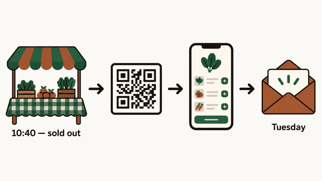 A four-step diagram: a market stall labelled 10:40 sold out, an arrow to a QR code, an arrow to a phone showing a simple order screen, an arrow to an opened envelope labelled Tuesday.