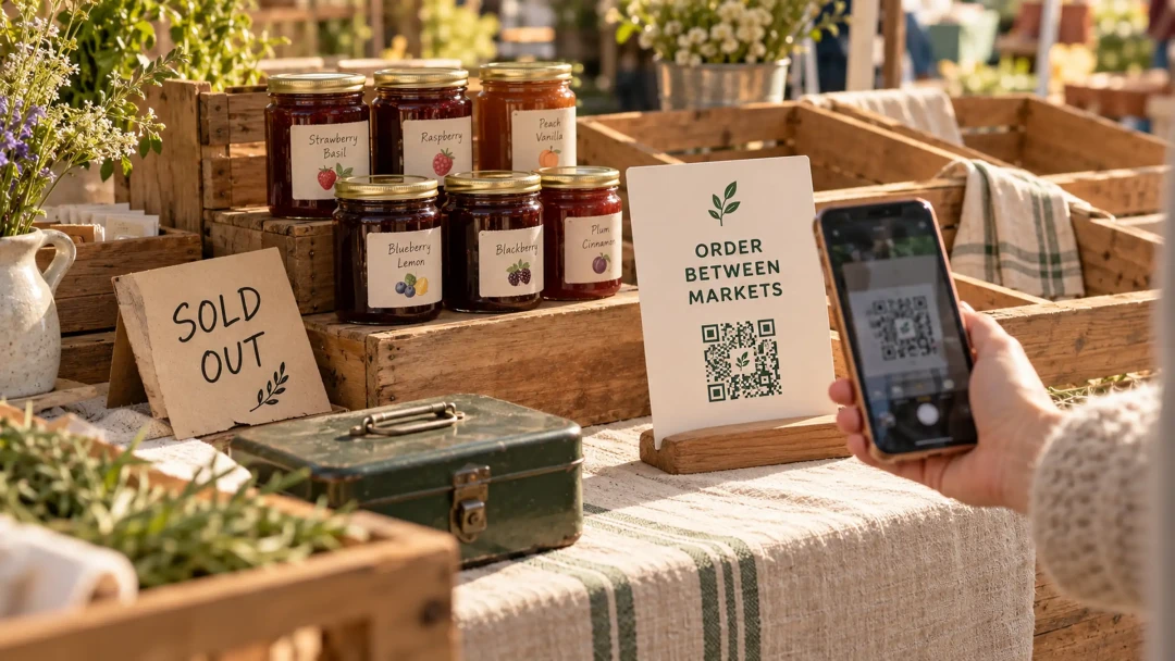 A market stall mid-morning with half the crates already empty, a hand-lettered SOLD OUT card propped against one, and beside it a clean printed sign reading ORDER BETWEEN MARKETS with a QR code, as a customer holds up a phone to scan it.