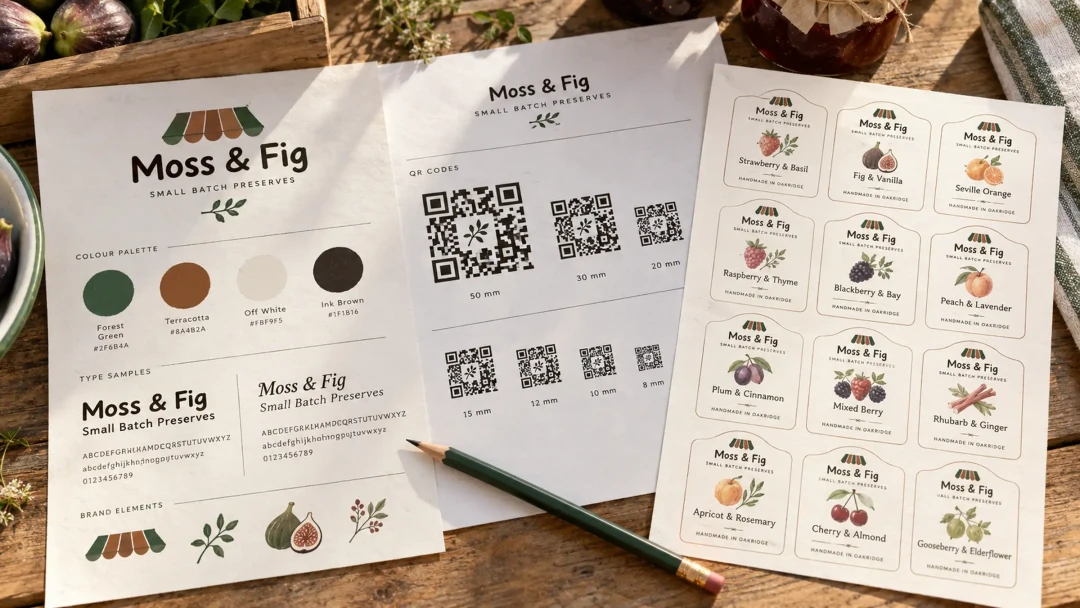 Three printed sheets overlapping on a wooden table in daylight: a brand board with colour swatches and type samples, a sheet of QR codes at six different print sizes, and a sheet of twelve product labels, with a pencil resting across them.