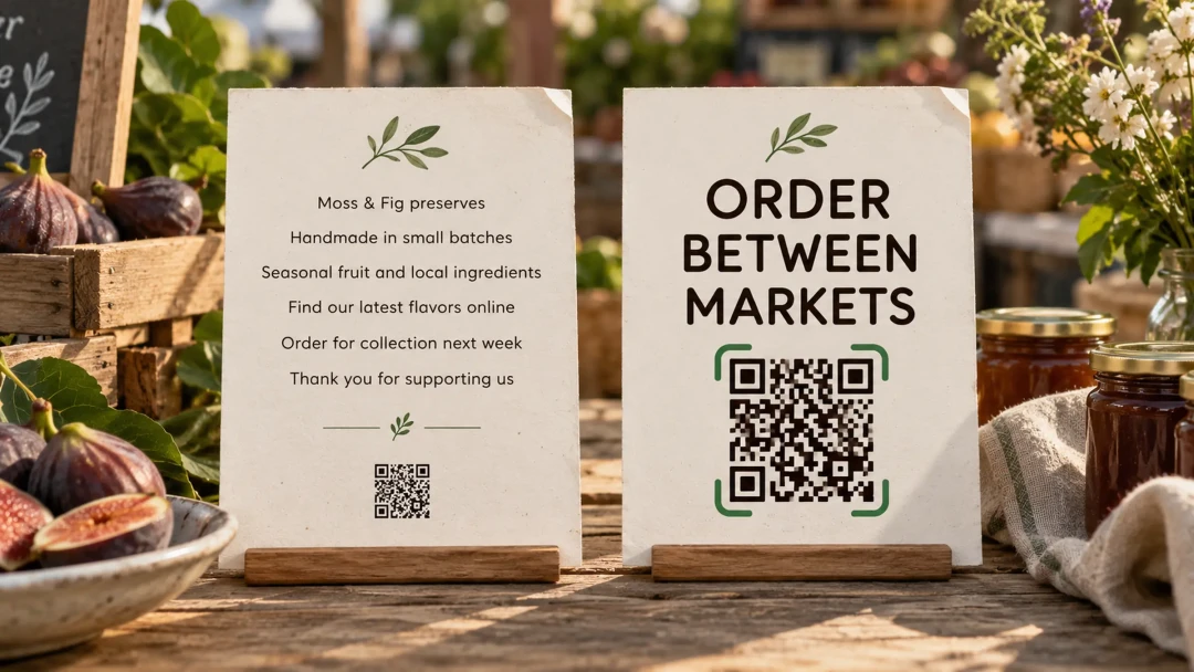 Two 5x7 signs side by side on the same market table in the same light. The left is cluttered with six lines of small text and a tiny QR code. The right has three lines of large text reading ORDER BETWEEN MARKETS and one large QR code.