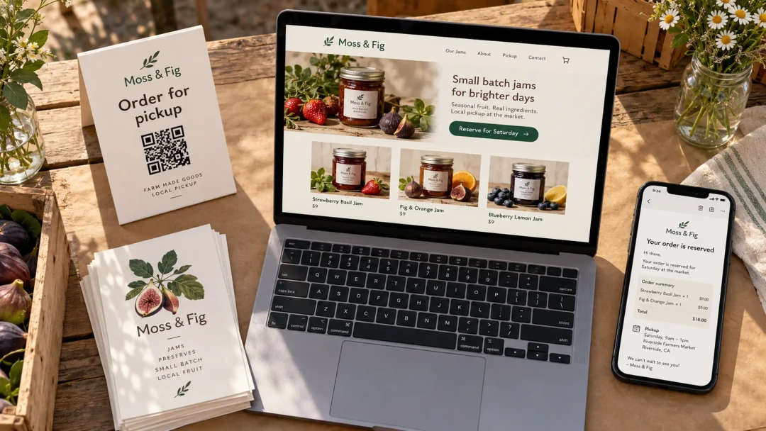 Everything handed over in one build, laid out on kraft paper: a printed table card with a QR code, a stack of matching cards, a laptop showing a vendor's one-page site with a Reserve for Saturday button, and a phone showing the order-reserved confirmation email.