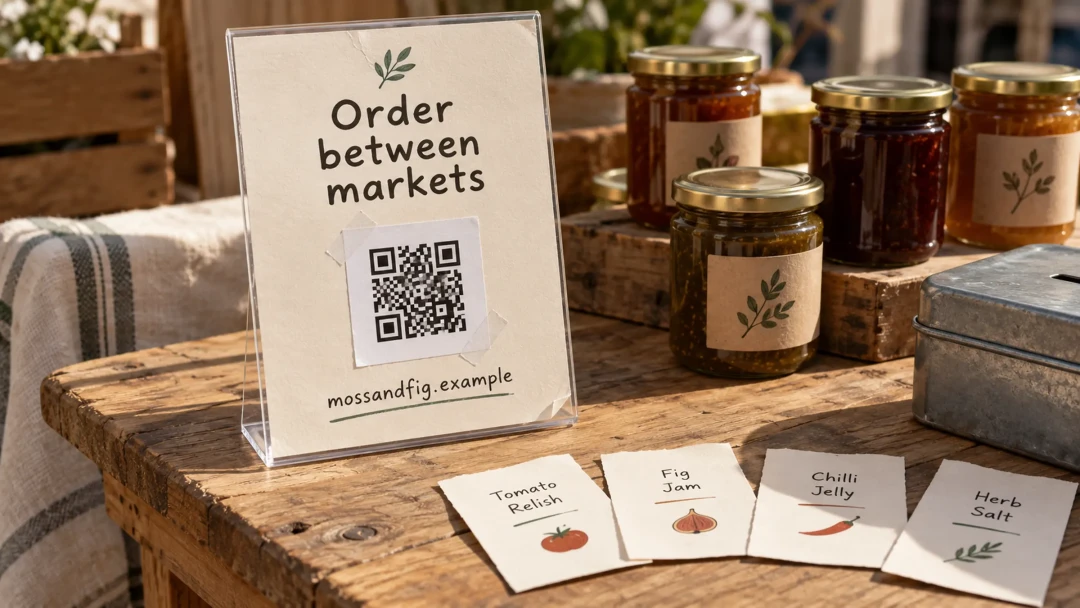 A printed 5x7 sign standing in a clear acrylic frame on a market table, a QR code taped into the middle of it and a handwritten web address underneath, with four cut-out table cards fanned beside it next to jars and a cash tin.