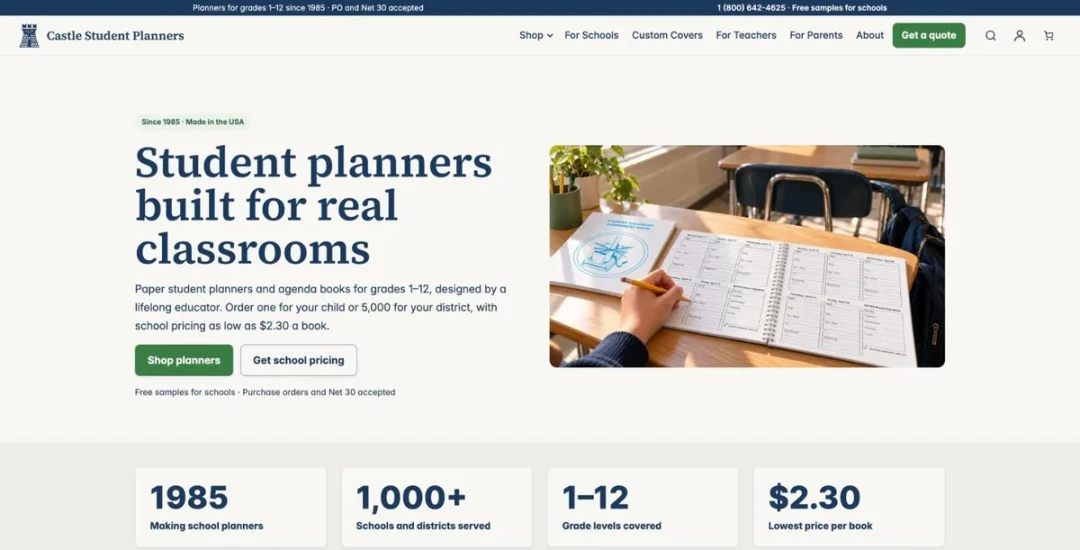 Castle Student Planners WooCommerce store built with GF Builder
