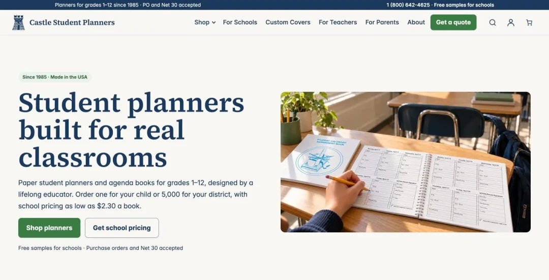 Castle Student Planners WooCommerce store built with GF Builder