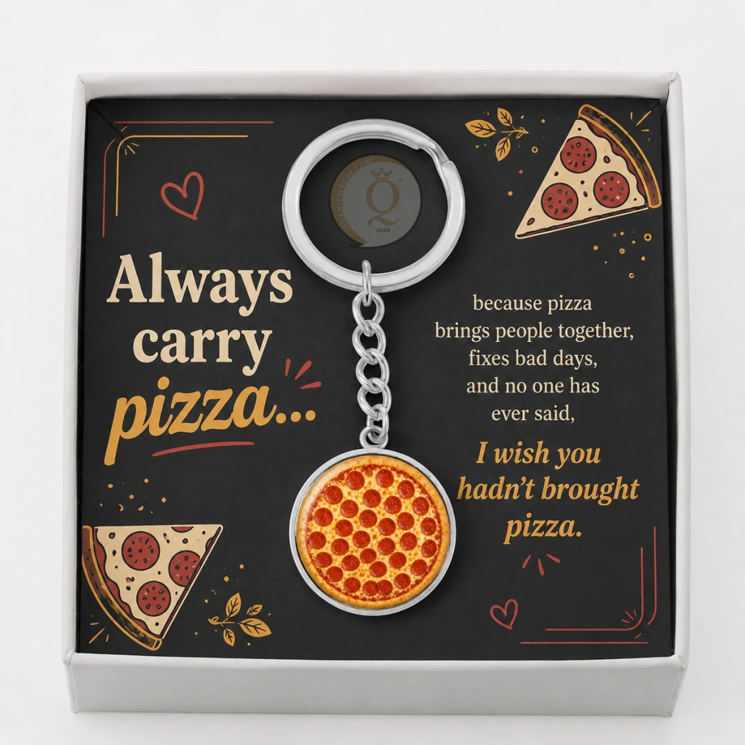 Always Carry Pizza silver keychain in gift box