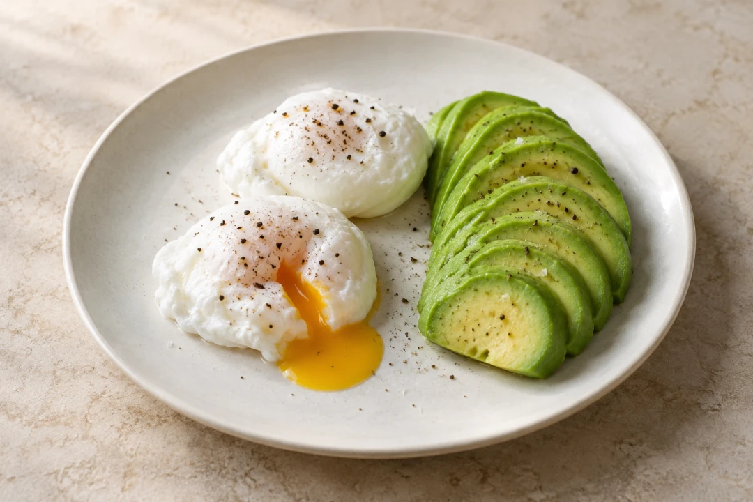 Two poached eggs beside sliced avocado.