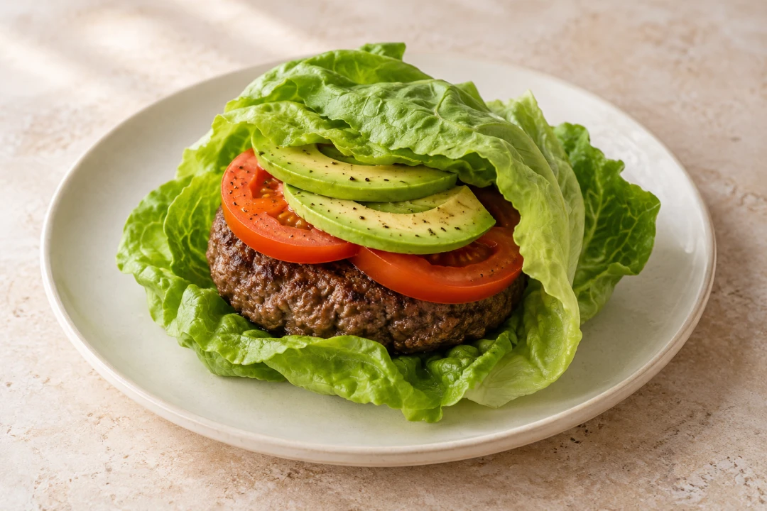 A lettuce-wrapped beef burger with tomato and avocado.