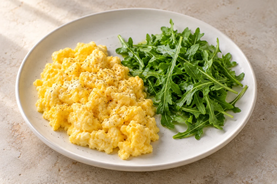 Scrambled eggs with arugula and olive oil.