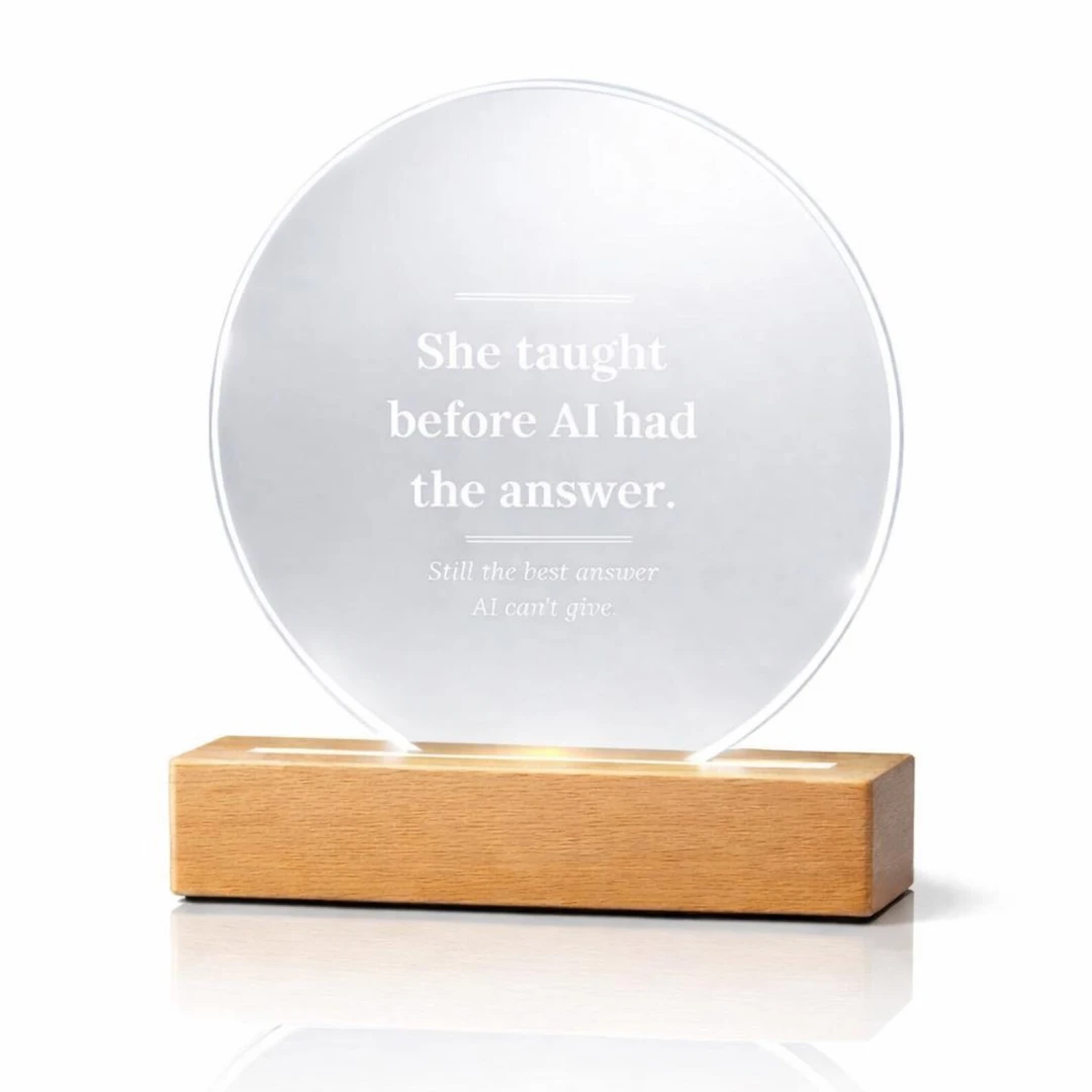 Unlit teacher acrylic plaque with clear round face and rectangular wooden base