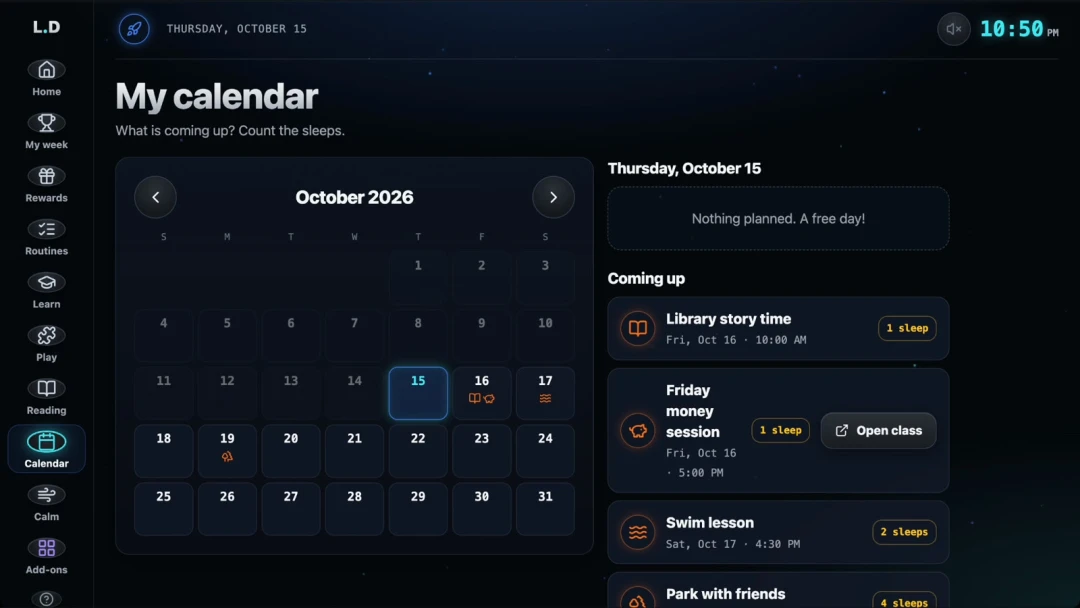 Calendar showing upcoming events