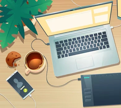 Bird's eye view of a productive workspace with laptop, coffee, and desk essentials