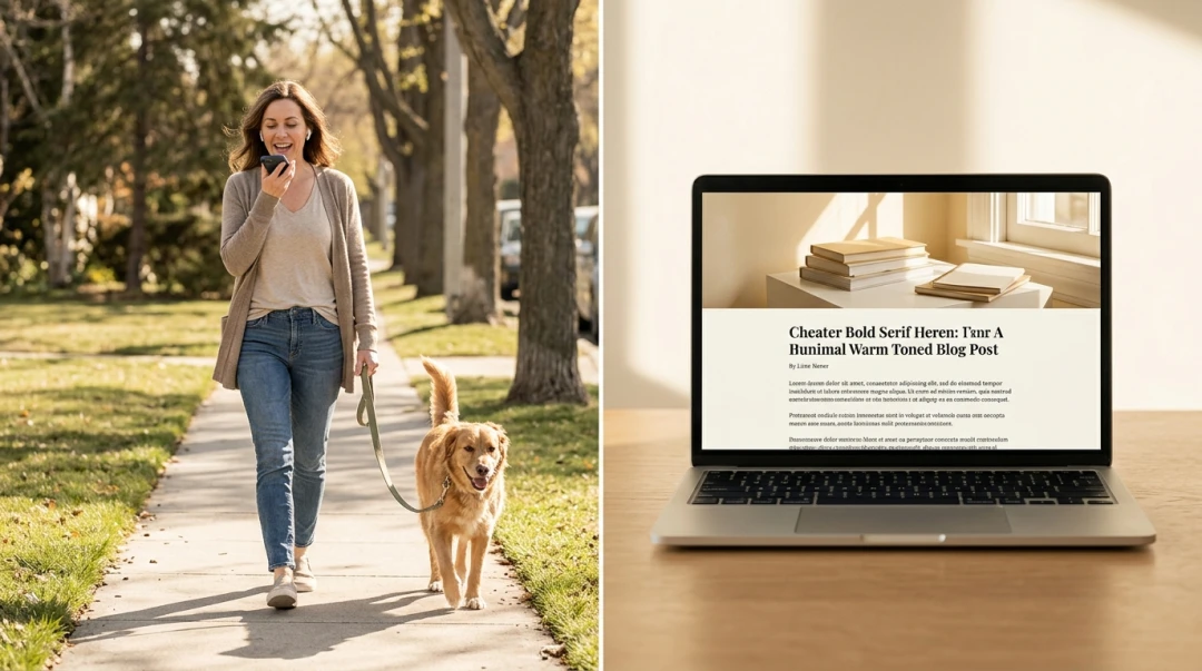 Woman walking dog while recording voice note on phone, and laptop showing published blog post