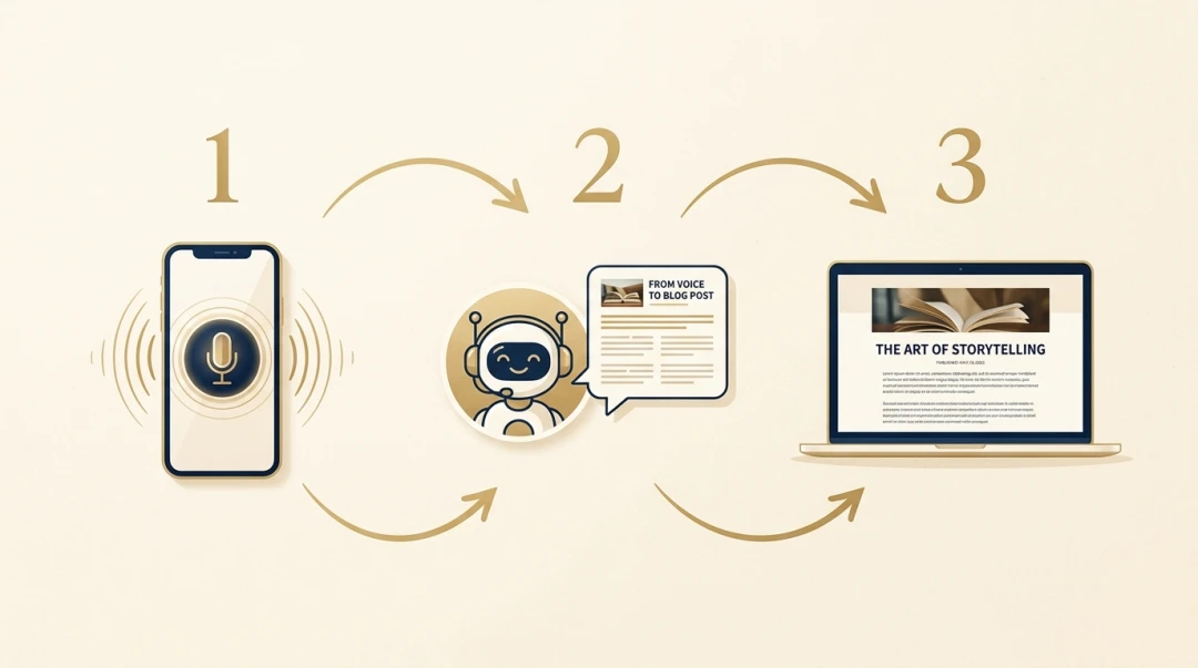 Three-step workflow visual showing phone voice recording, AI Blog Coach processing, and published blog post on laptop
