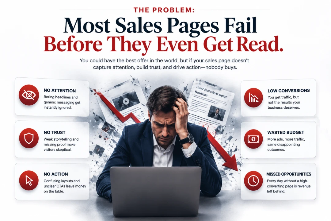 Frustrated businessman overwhelmed by failing sales page metrics
